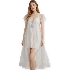 Vtg 60s Blue Sheer Bows Chic Lingerie Co Pegnoir Gown Robe Ruffle Sleeves